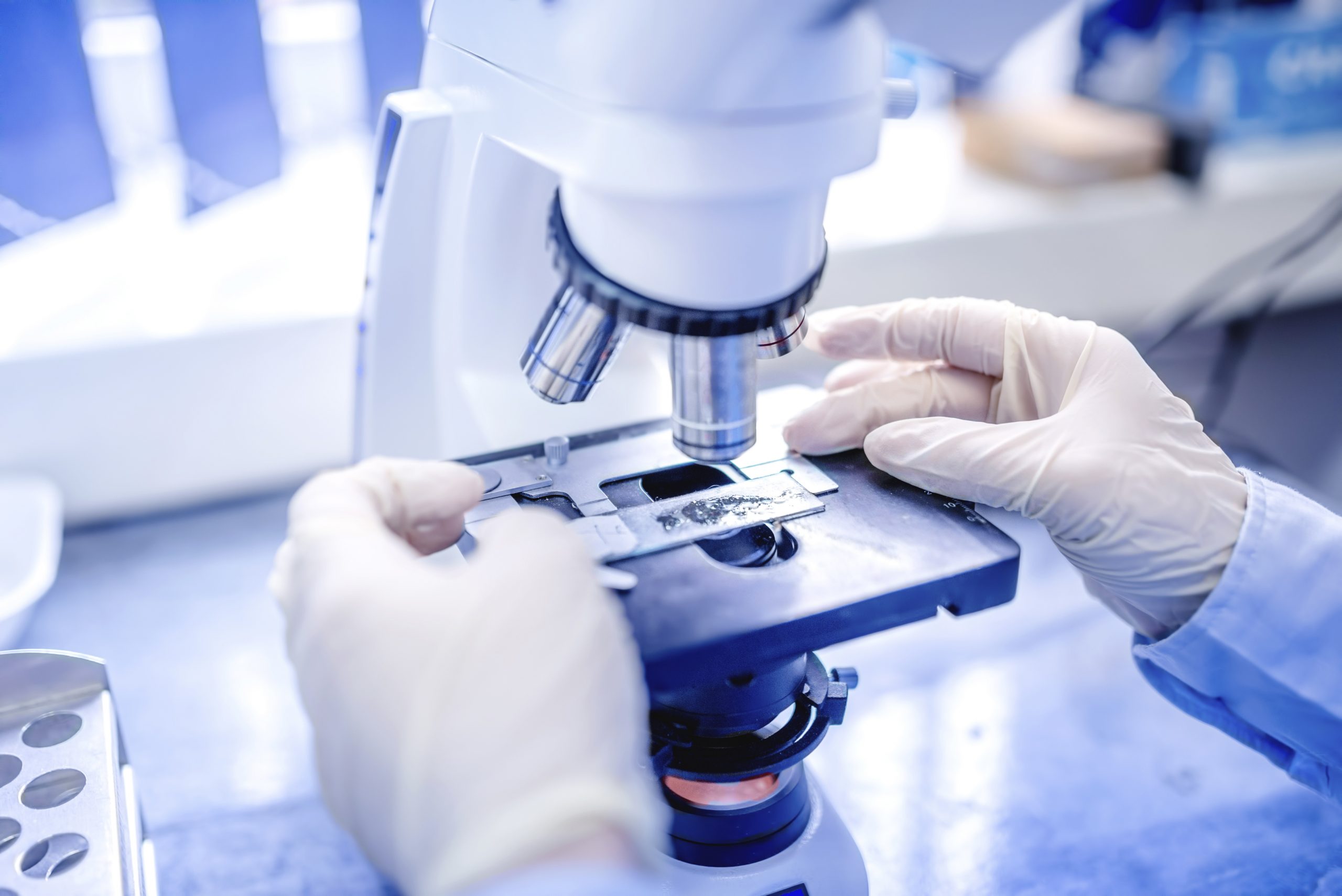 scientist hands with microscope, examining samples and liquid. M